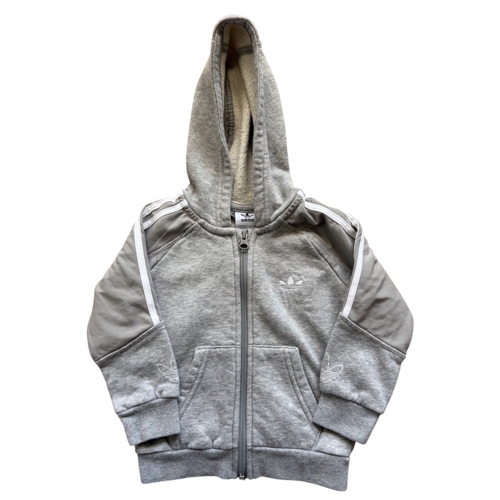 Adidas‎ Zip Up Hoodie Kids 18M Grey Trefoil Logo 3-Stripe Fleece Jacket